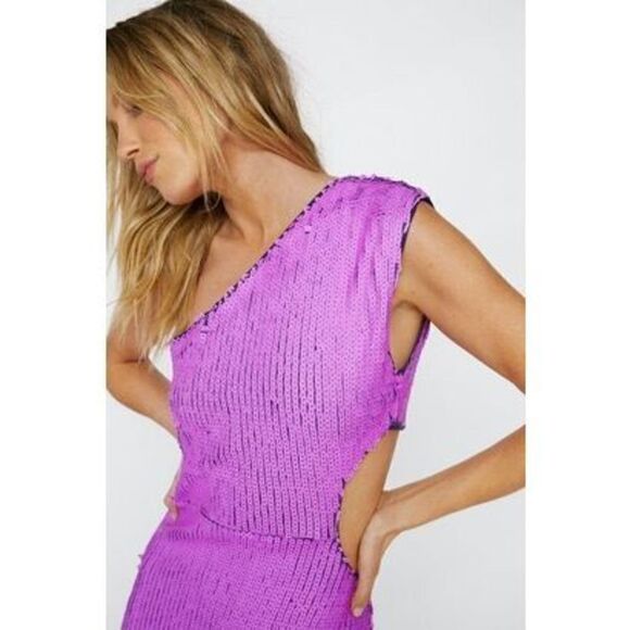Nasty Gal Dress Womens 4 Midi One Shoulder Open Back Sequin NEW Purple - Picture 15 of 15